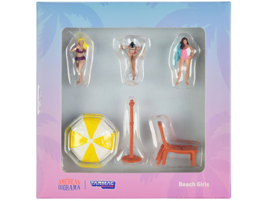 "Beach Girls" 5 piece Diecast Figure Set (3 Female Figures and 2 Beach Accessories) for 1/64 Scale Models