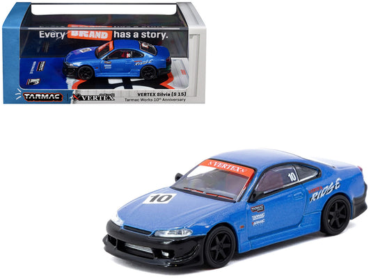 Nissan Vertex Silvia (S15) RHD (Right Hand Drive) #10 "Tarmac Works 10th Anniversary" Blue Metallic "Global64" 1/64 Diecast Model Car