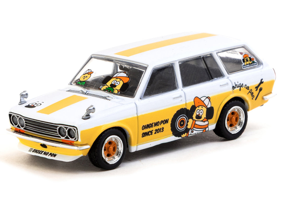 Datsun Bluebird 510 Wagon "Ohige no Pon" White with Orange Stripes and Graphics "Global64" Series 1/64 Diecast Model Car