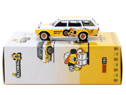 Datsun Bluebird 510 Wagon "Ohige no Pon" White with Orange Stripes and Graphics "Global64" Series 1/64 Diecast Model Car