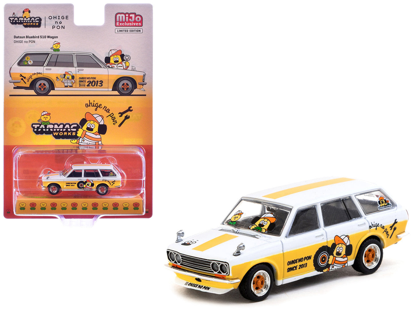 Datsun Bluebird 510 Wagon "Ohige no Pon" White with Orange Stripes and Graphics "Global64" Series 1/64 Diecast Model Car
