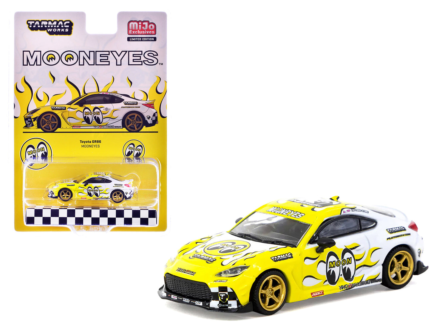 Toyota GR86 RHD (Right Hand Drive) "MoonEyes" White with Yellow Flames and Graphics "Global64" Series 1/64 Diecast Model