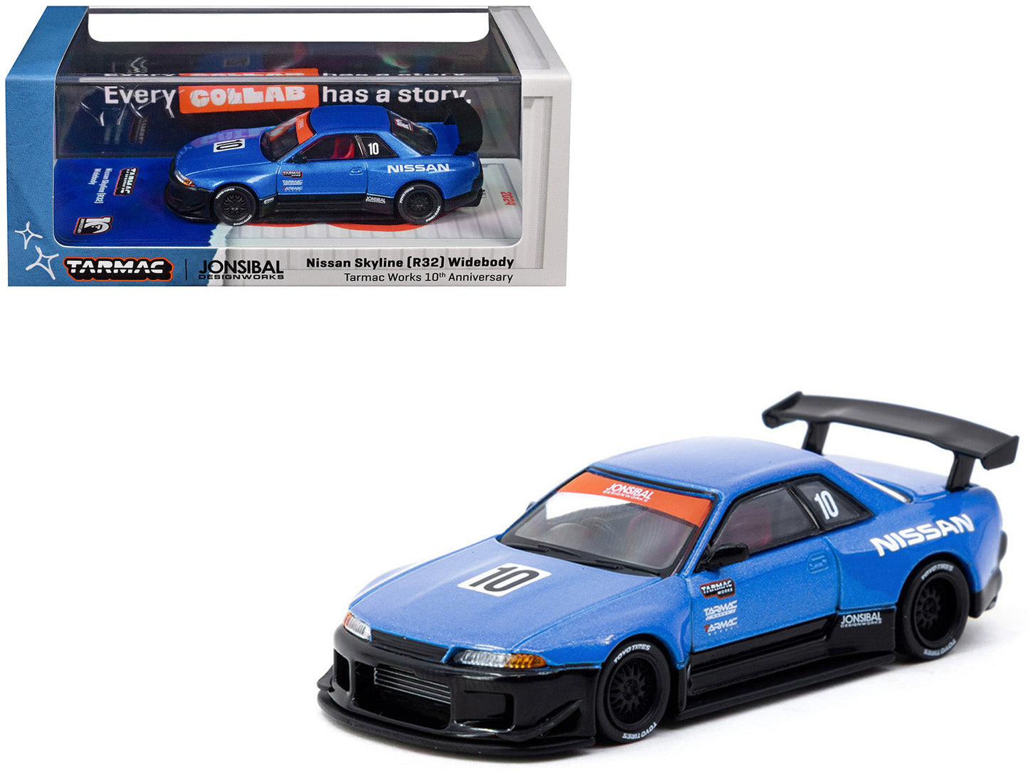 Nissan Skyline (R32) Widebody RHD (Right Hand Drive) #10 "Tarmac Works 10th Anniversary" Blue Metallic "Global64" 1/64 Diecast Model Car