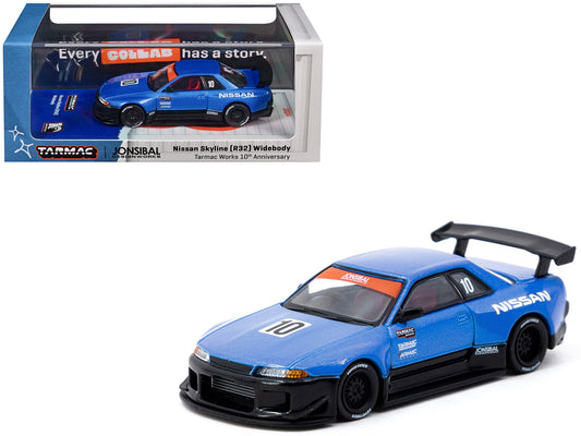 Nissan Skyline (R32) Widebody RHD (Right Hand Drive) #10 "Tarmac Works 10th Anniversary" Blue Metallic "Global64" 1/64 Diecast Model Car