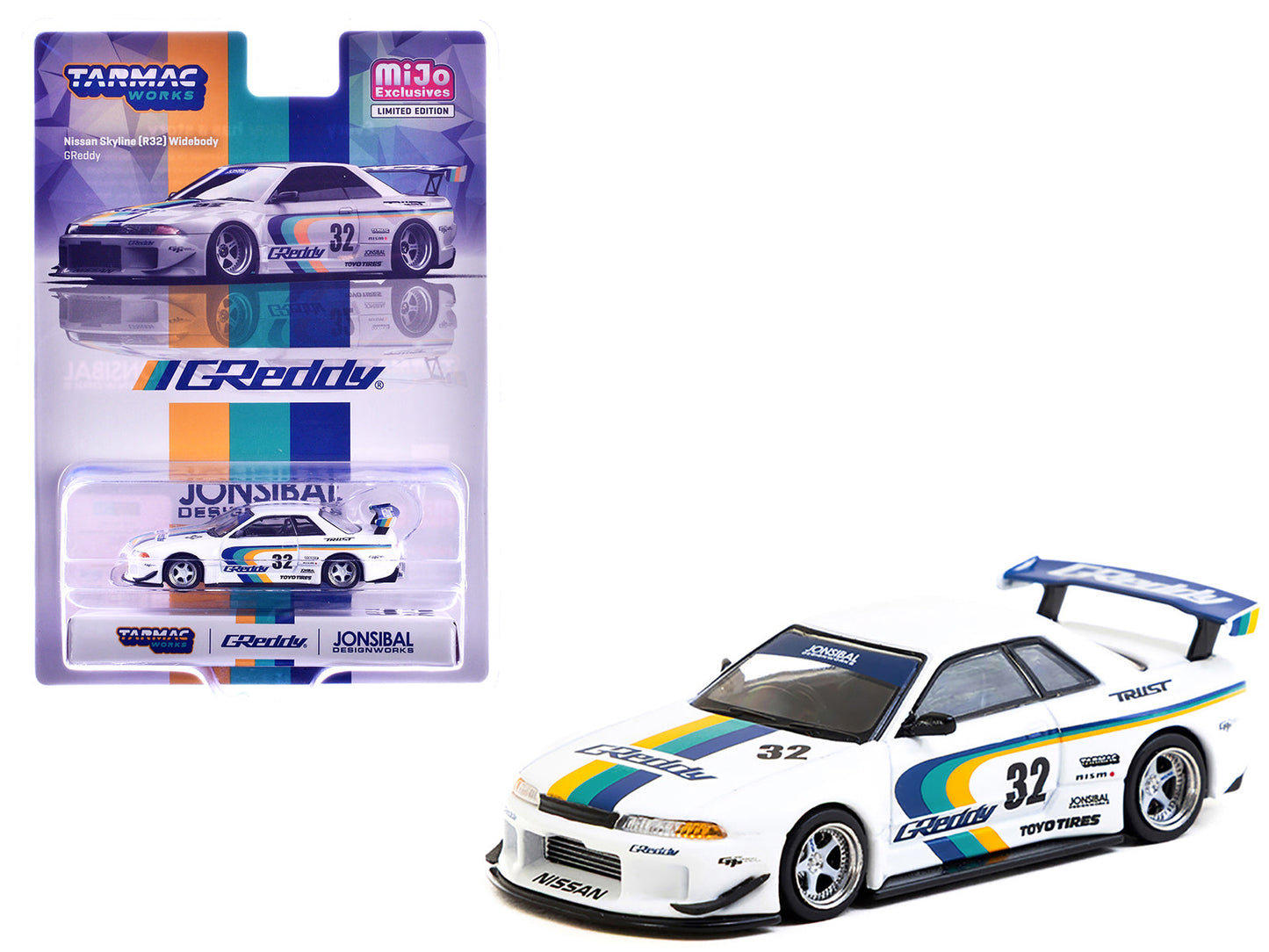 Nissan Skyline GT-R (R32) Widebody RHD (Right Hand Drive) #32 "Greddy - Jonsibal Designworks" White with Stripes "Global64" Series 1/64 Diecast Model