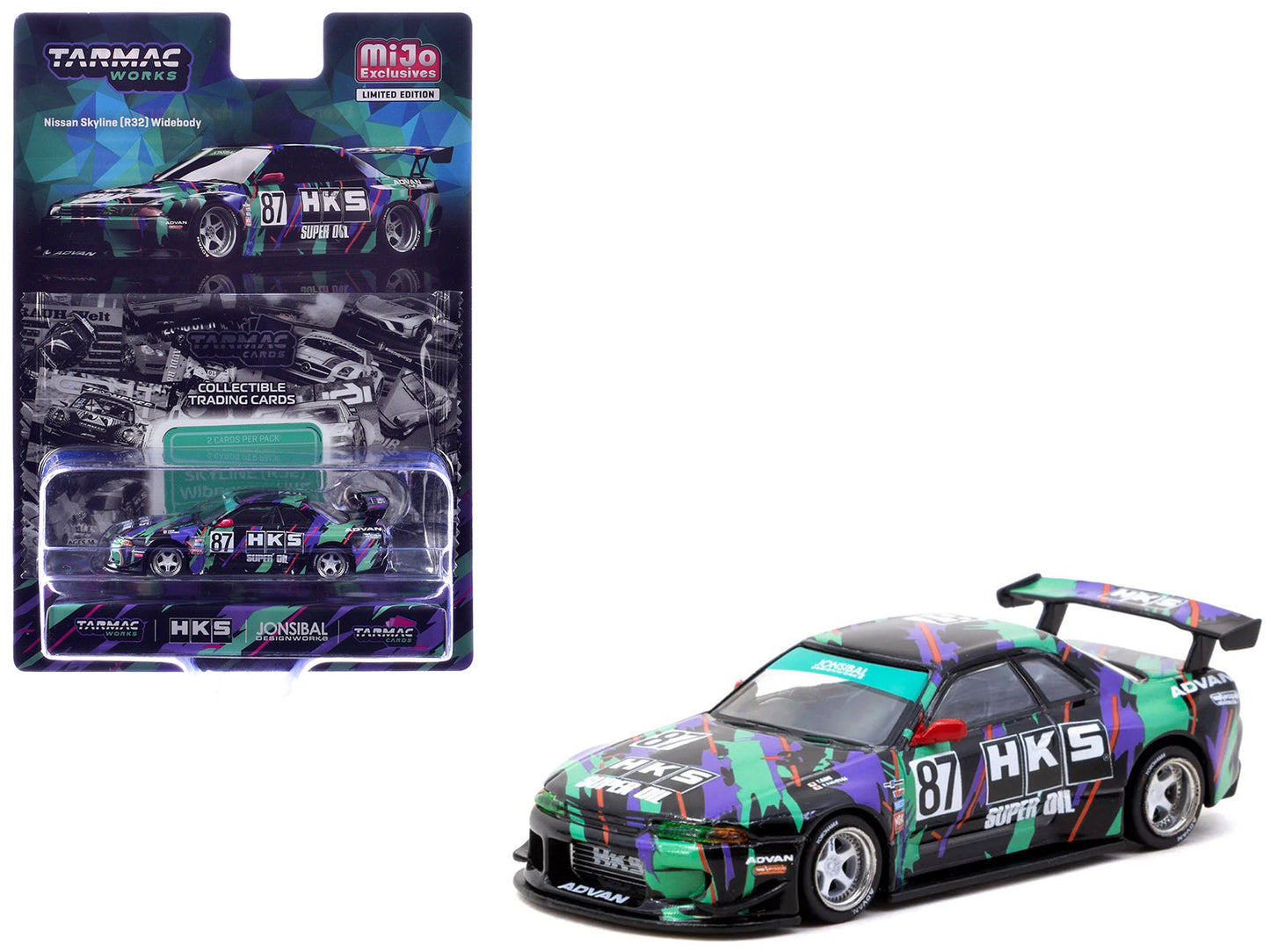 Nissan Skyline (R32) Widebody RHD (Right Hand Drive) #87 "HKS - Designed by Jon Sibal" Black with Graphics with Tarmac Cards "Global64" Series 1/64 Diecast Model Car