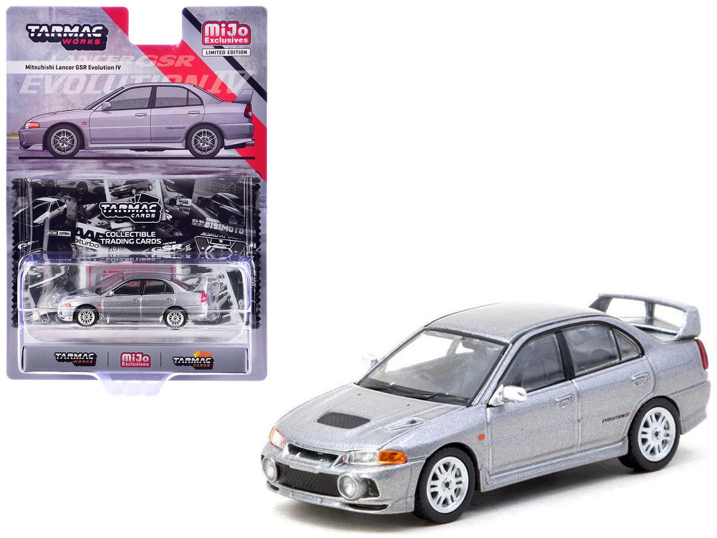 Mitsubishi Lancer Evolution IV Silver Metallic with Tarmac Cards "Global64" Series 1/64 Diecast Model