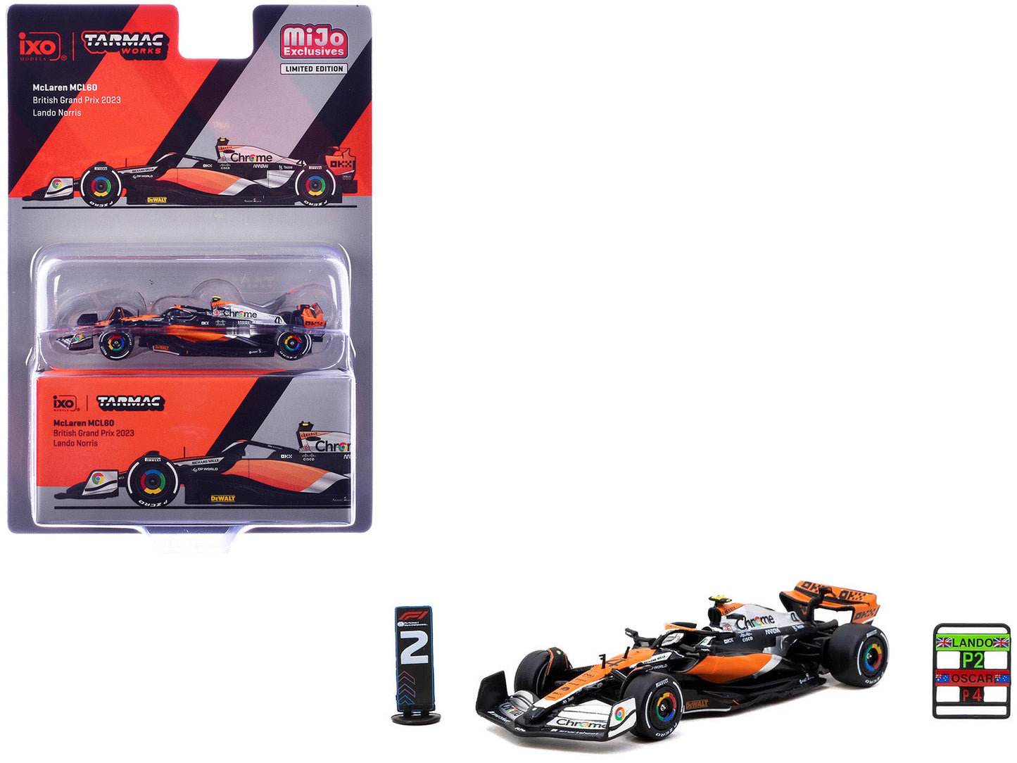 McLaren MCL60 #4 Lando Norris 2nd Place Formula One F1 "British GP" (2023) with Pitboards "Global64" Series 1/64 Diecast Model Car