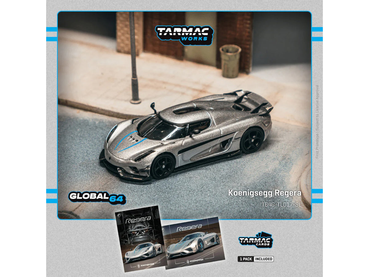 Koenigsegg Regera Silver Metallic with Blue Accents and Collectible Tarmac Cards "Global64" Series 1/64 Diecast Model Car