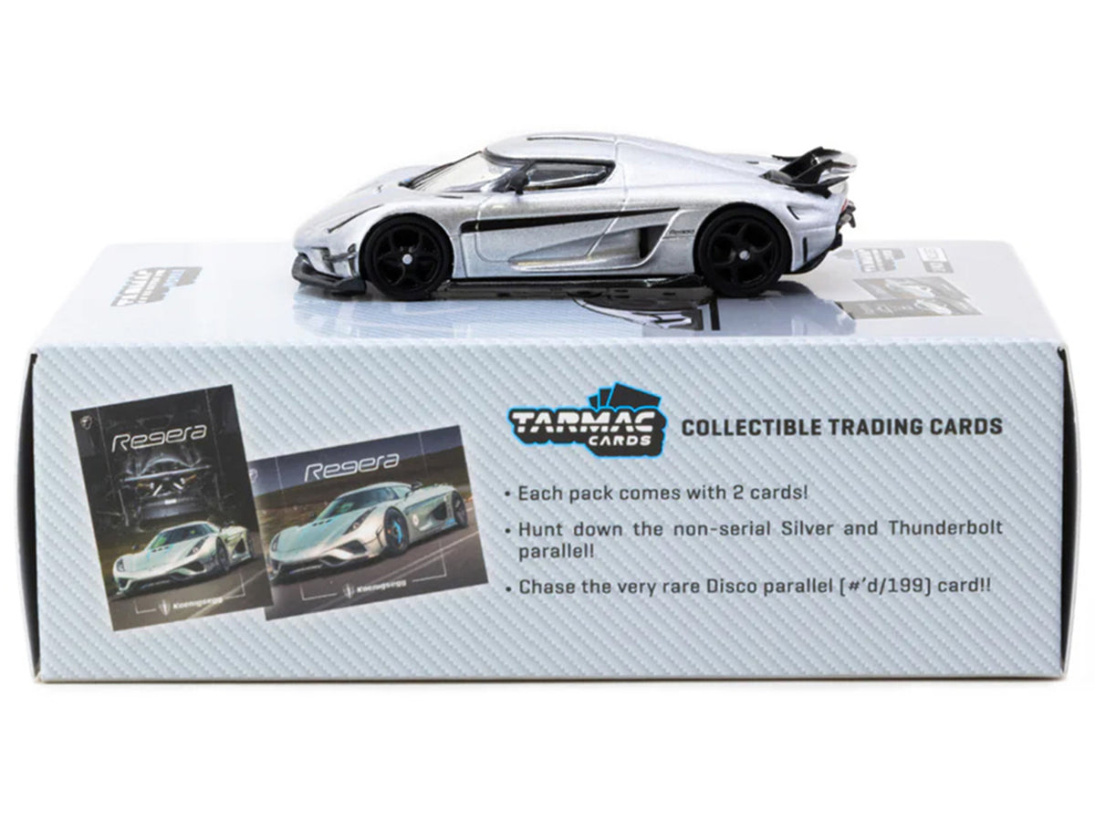 Koenigsegg Regera Silver Metallic with Blue Accents and Collectible Tarmac Cards "Global64" Series 1/64 Diecast Model Car
