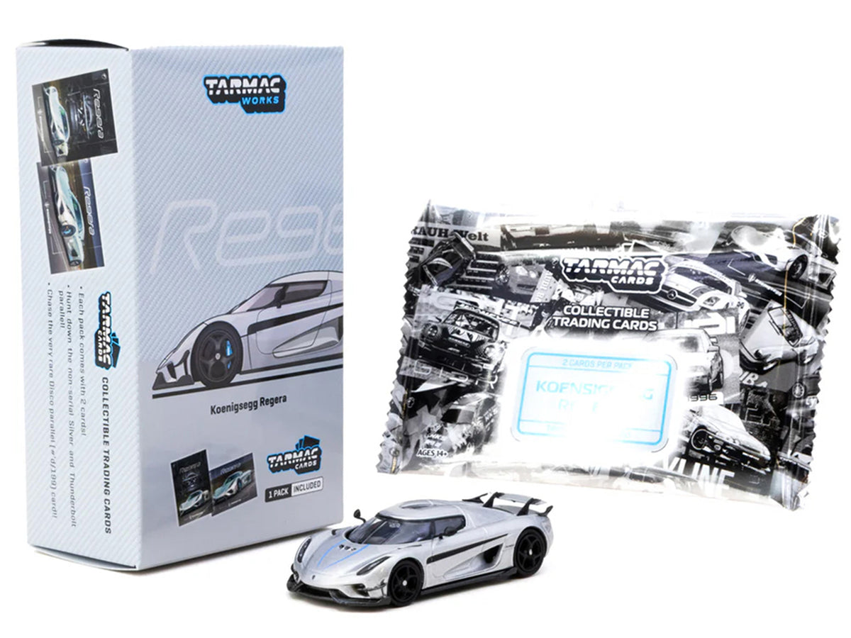 Koenigsegg Regera Silver Metallic with Blue Accents and Collectible Tarmac Cards "Global64" Series 1/64 Diecast Model Car