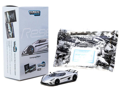 Koenigsegg Regera Silver Metallic with Blue Accents and Collectible Tarmac Cards "Global64" Series 1/64 Diecast Model Car
