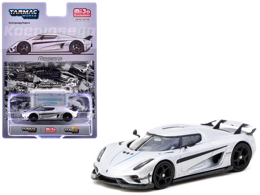Koenigsegg Regera Silver Metallic with Blue Accents and Collectible Tarmac Cards "Global64" Series 1/64 Diecast Model Car