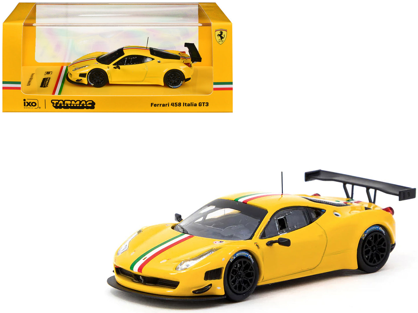 Ferrari 458 Italia GT3 Yellow with Italian Flag Stripes "Road64" Series 1/64 Diecast Model Car