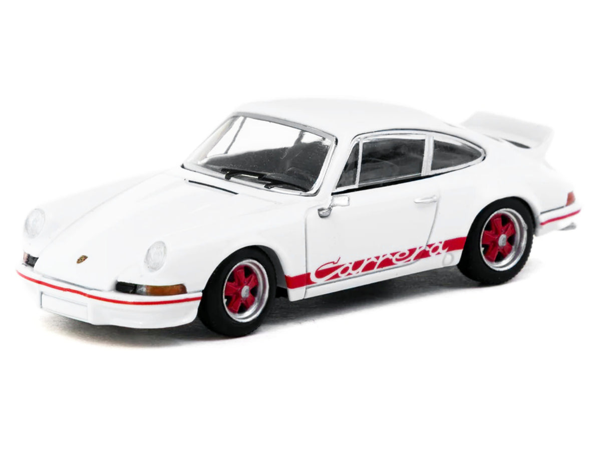 Porsche 911 Carrera RS 2.7 Lightweight White with Red Stripes "Collab64" Series 1/64 Diecast Model Car
