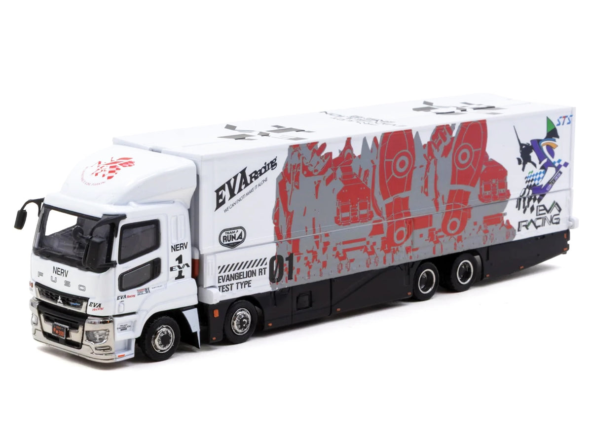 Mitsubishi Fuso Super Great Truck with Transporter "EVA Racing" White with Graphics "Truck64" Series 1/64 Diecast Model Car