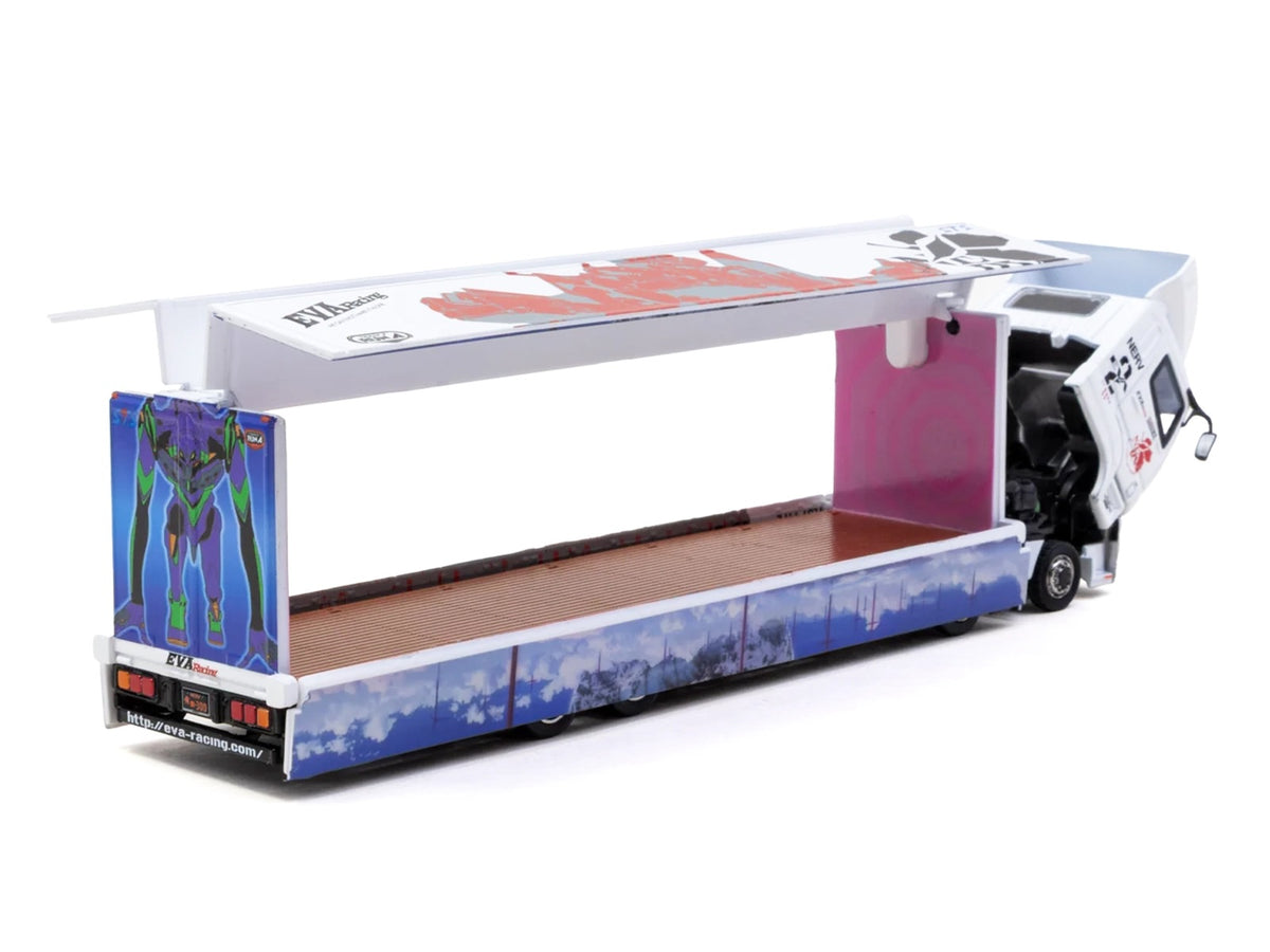 Mitsubishi Fuso Super Great Truck with Transporter "EVA Racing" White with Graphics "Truck64" Series 1/64 Diecast Model Car