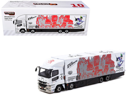 Mitsubishi Fuso Super Great Truck with Transporter "EVA Racing" White with Graphics "Truck64" Series 1/64 Diecast Model Car