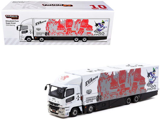 Mitsubishi Fuso Super Great Truck with Transporter "EVA Racing" White with Graphics "Truck64" Series 1/64 Diecast Model Car