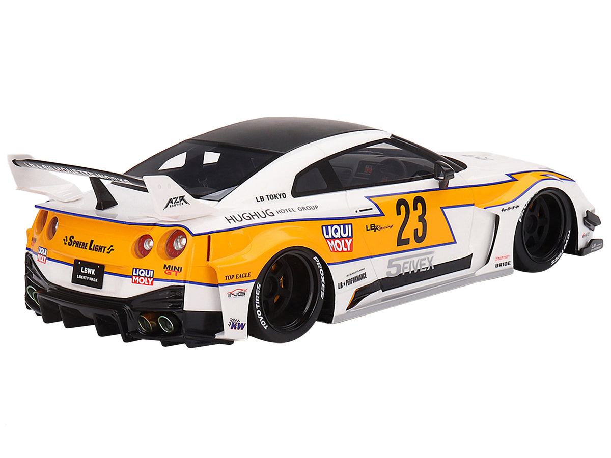 Nissan LB-Silhouette WORKS GT 35GT-RR Ver.1 RHD (Right Hand Drive) #23 White with Yellow Stripes "LB Racing" 1/18 Model Car