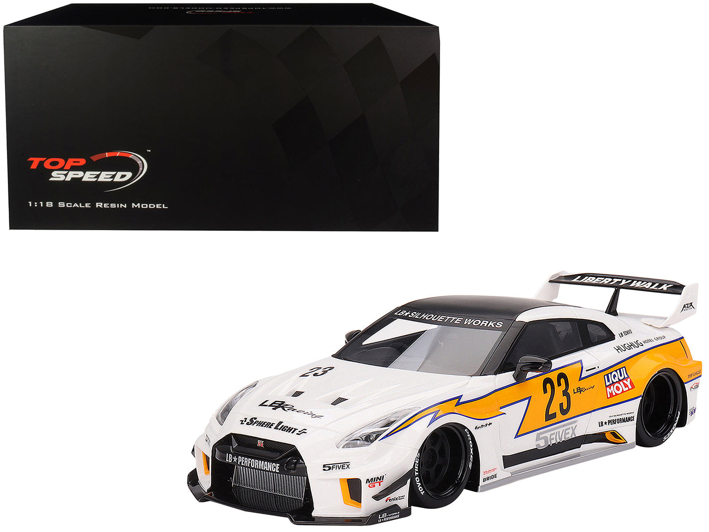 Nissan LB-Silhouette WORKS GT 35GT-RR Ver.1 RHD (Right Hand Drive) #23 White with Yellow Stripes "LB Racing" 1/18 Model Car
