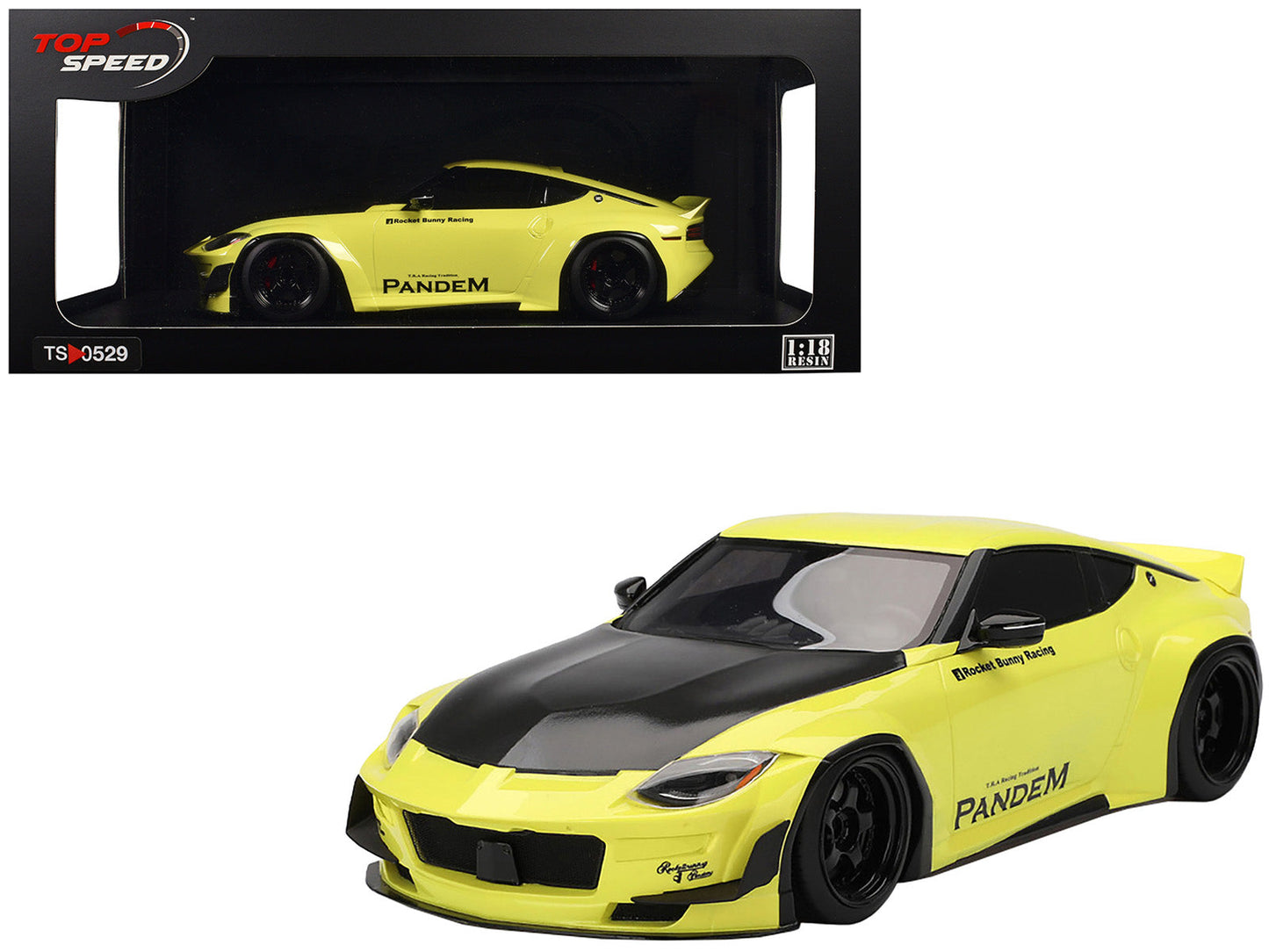 Nissan Z (RZ34) "Pandem" Ikazuchi Yellow with Matt Black Hood 1/18 Model Car