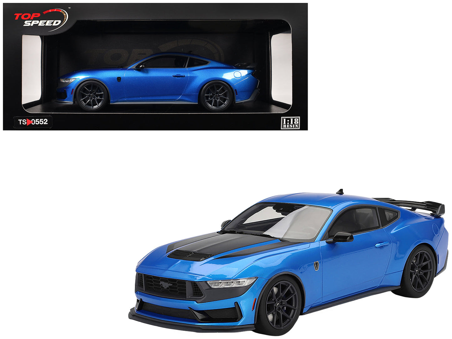 2024 Ford Mustang Dark Horse Grabber Blue Metallic with Black Hood Stripes 1/18 Model Car