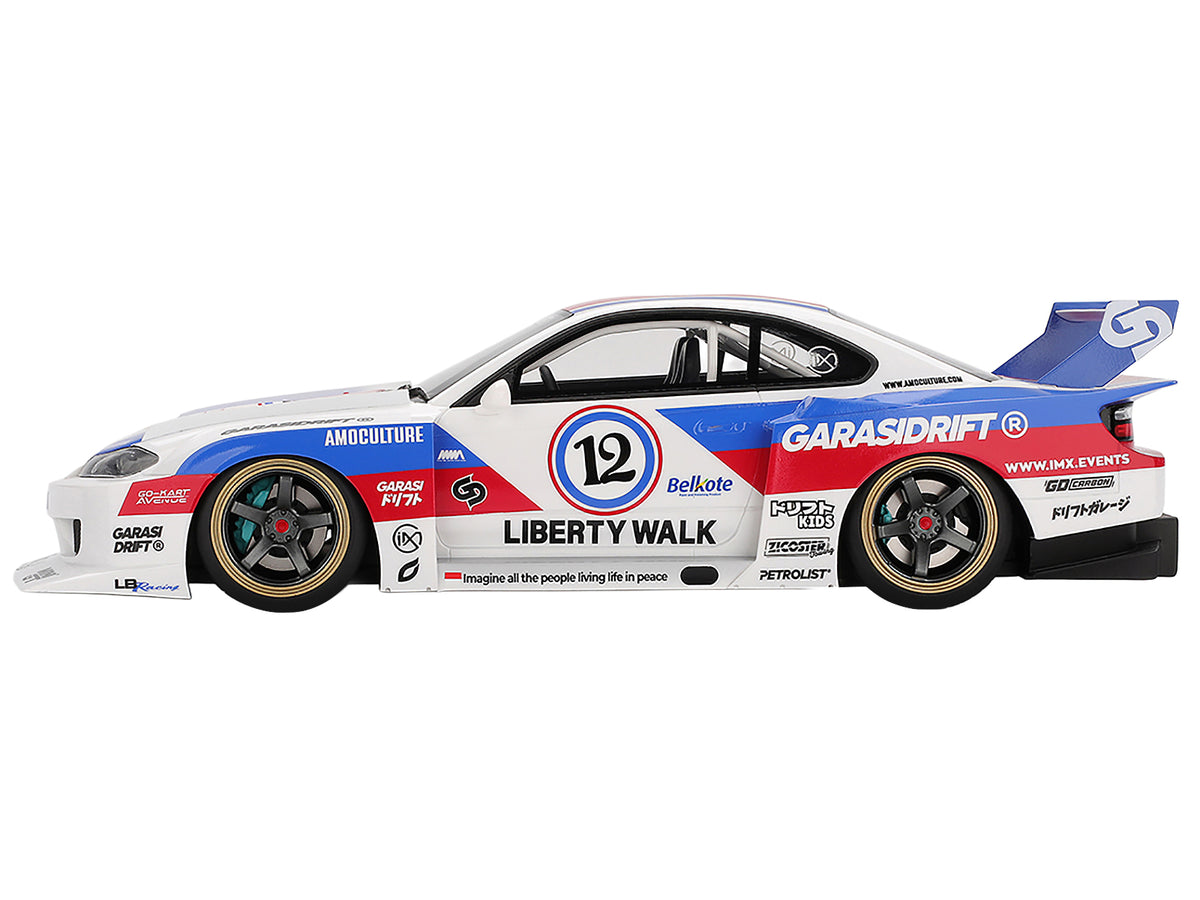 Nissan "LB-Super Silhouette" S15 SILVIA RHD (Right Hand Drive) #12 "GARASIDRIFT" White with Red and Blue Graphics 1/18 Model Car