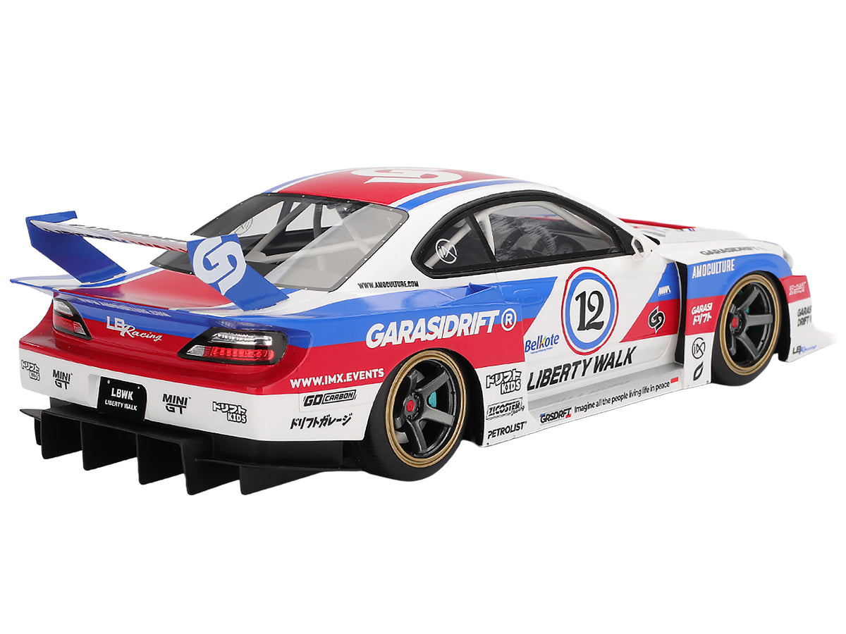 Nissan "LB-Super Silhouette" S15 SILVIA RHD (Right Hand Drive) #12 "GARASIDRIFT" White with Red and Blue Graphics 1/18 Model Car