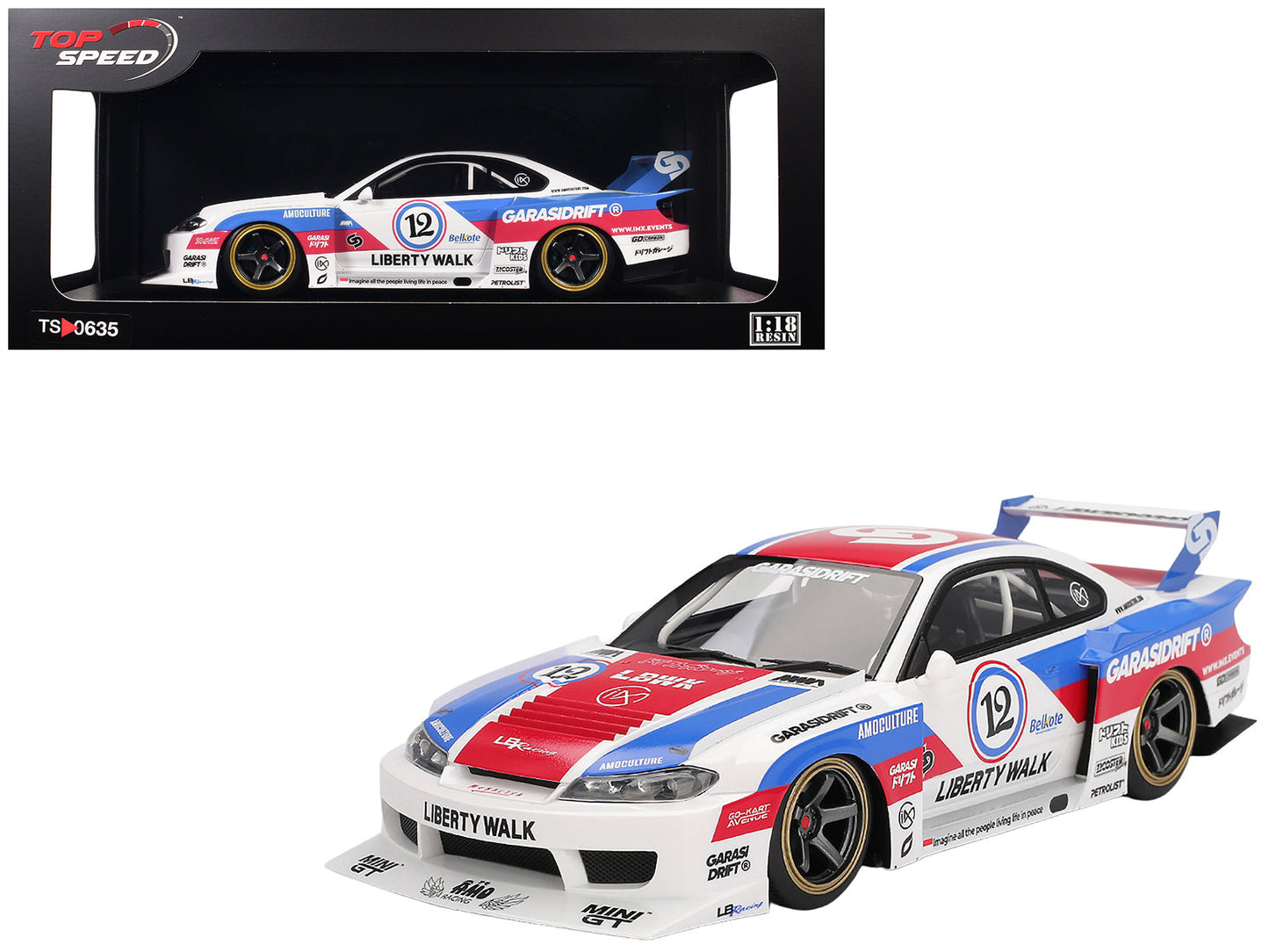 Nissan "LB-Super Silhouette" S15 SILVIA RHD (Right Hand Drive) #12 "GARASIDRIFT" White with Red and Blue Graphics 1/18 Model Car