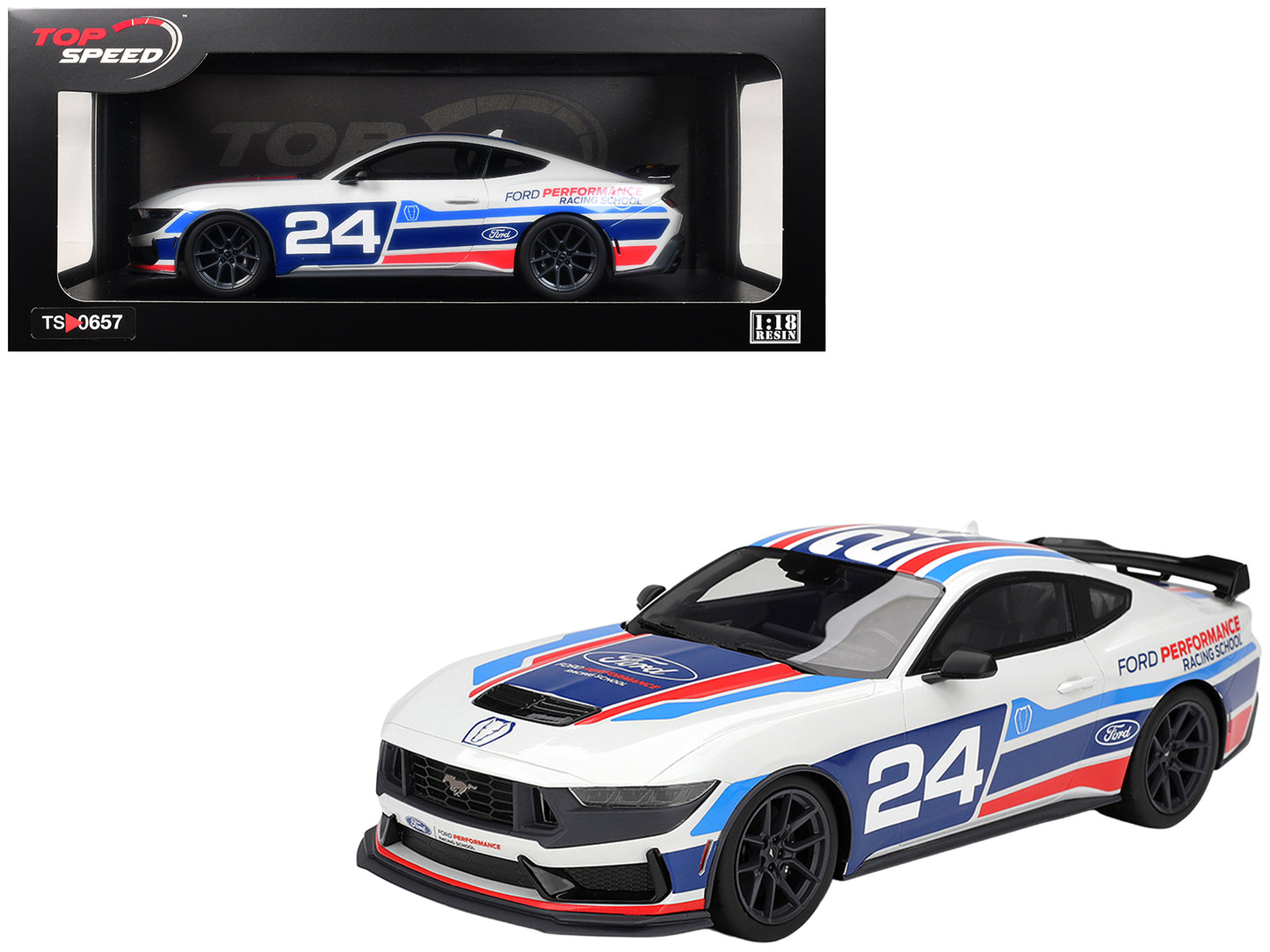 Ford Mustang Dark Horse #24 "Ford Performance Racing School" White with Graphics 1/18 Model Car