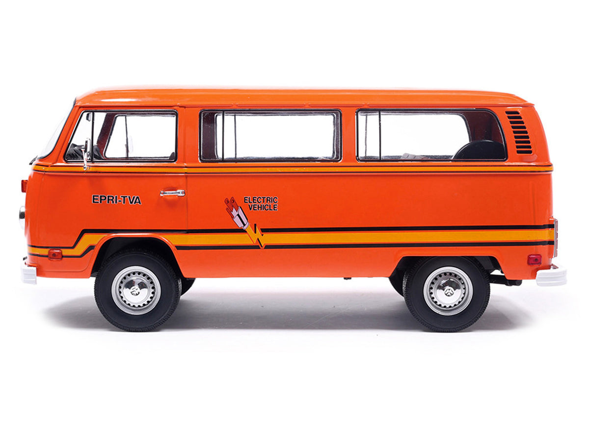 1978 Volkswagen Type 2 Bus "Elektrotransporter" Orange with Yellow Stripes 1/18 Diecast Model
