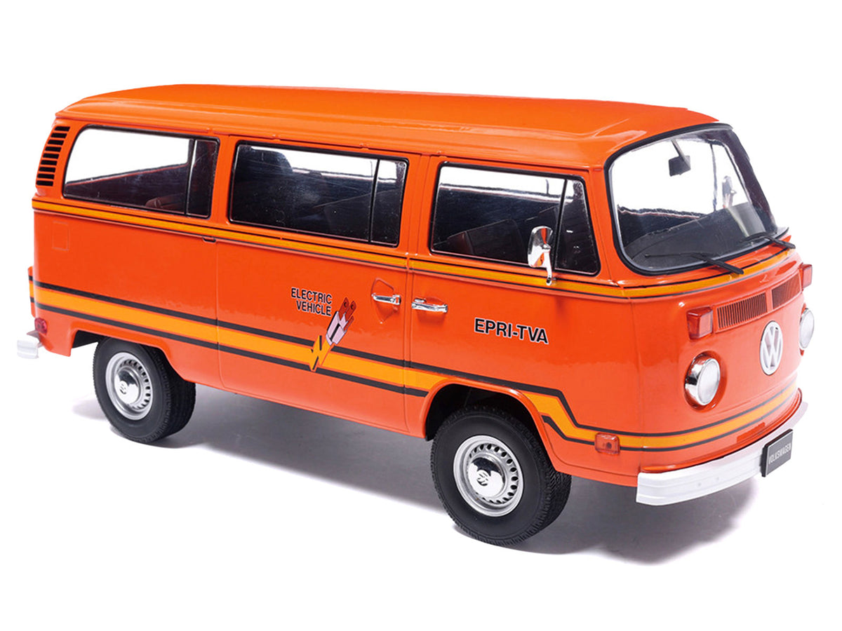 1978 Volkswagen Type 2 Bus "Elektrotransporter" Orange with Yellow Stripes 1/18 Diecast Model