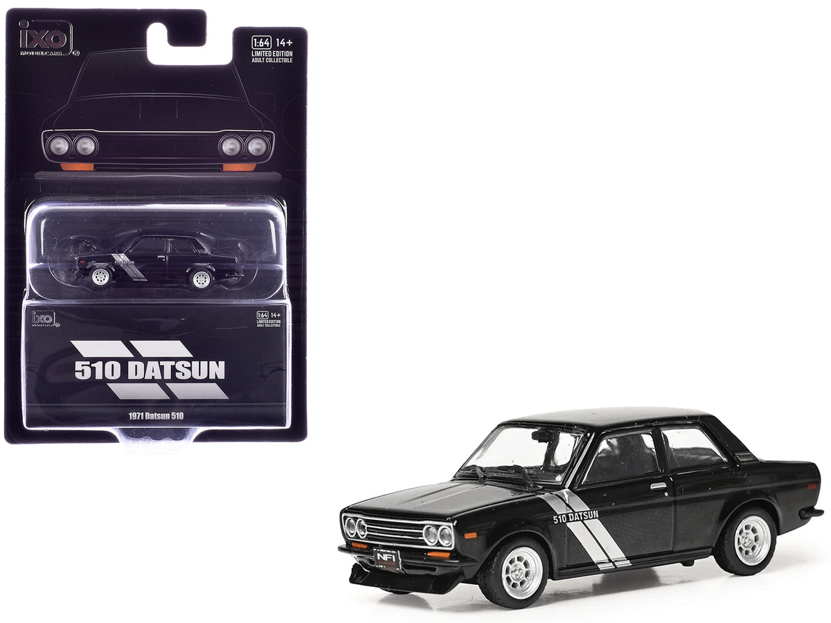1971 Datsun 510 Black with Silver Stripes 1/64 Diecast Model Car