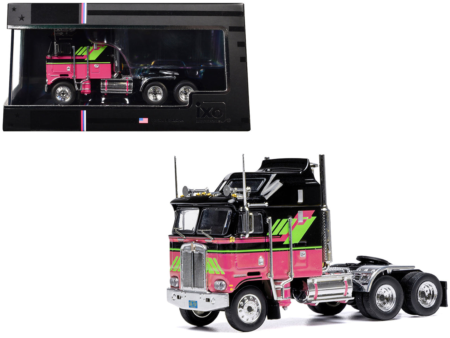 1976 Kenworth K100 Aerodyne Truck Tractor Black and Pink with Graphics 1/64 Diecast Model