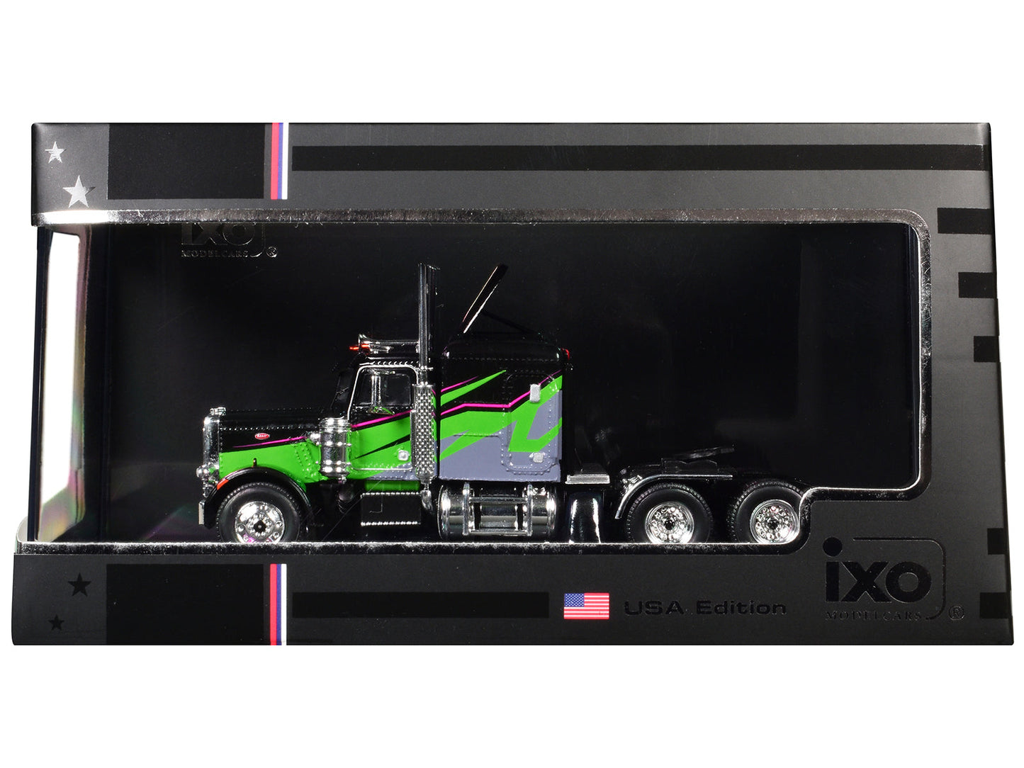1973 Peterbilt 359 Truck Tractor Black and Lime Green with Graphics 1/64 Diecast Model