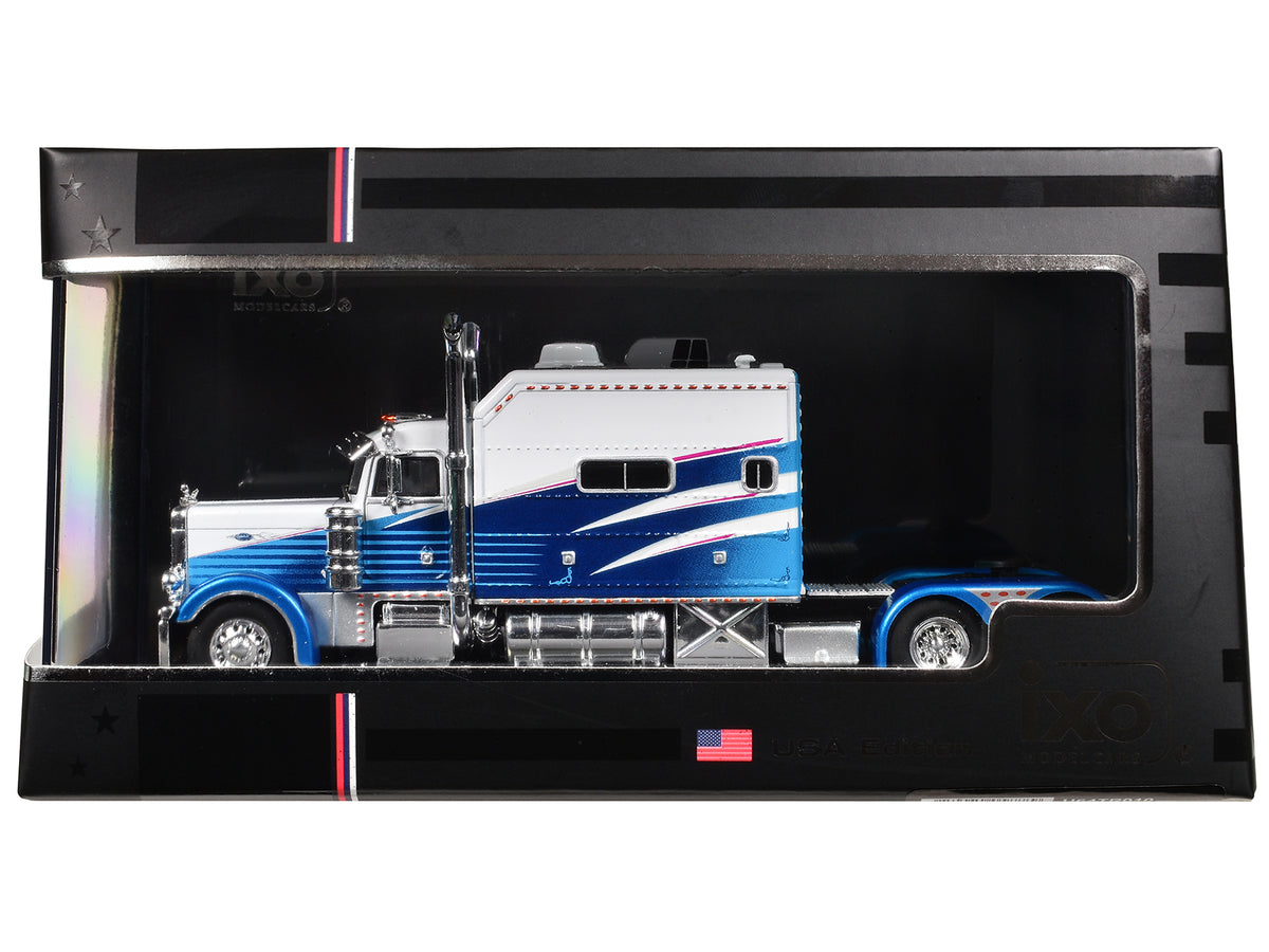 2002 Peterbilt 379 Truck Tractor White and Blue with Graphics 1/64 Diecast Model