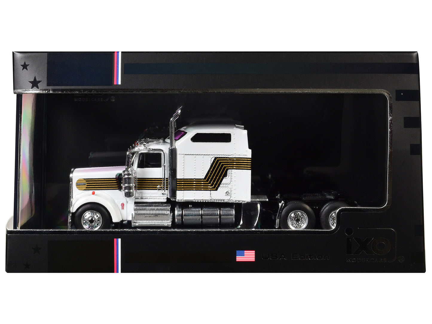 1995 Kenworth W900 Truck Tractor White with Black and Gold Stripes 1/64 Diecast Model