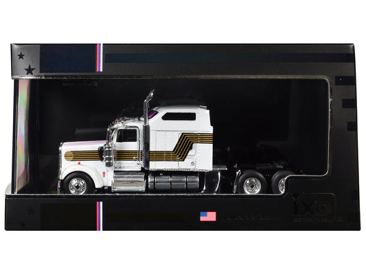 1995 Kenworth W900 Truck Tractor White with Black and Gold Stripes 1/64 Diecast Model