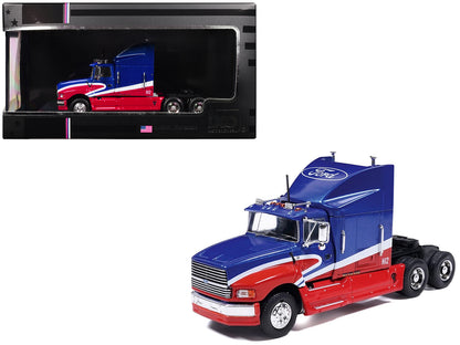 1990 Ford Aeromax Truck Tractor Blue Metallic and Red with White Stripes 1/64 Diecast Model Car