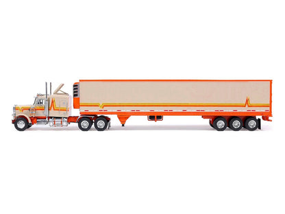 1973 Peterbilt 359 Truck Tractor with Sleeper Cab Cream with Orange and Yellow Stripes and Refrigerate Modern Trailer 1/64 Diecast Model Car