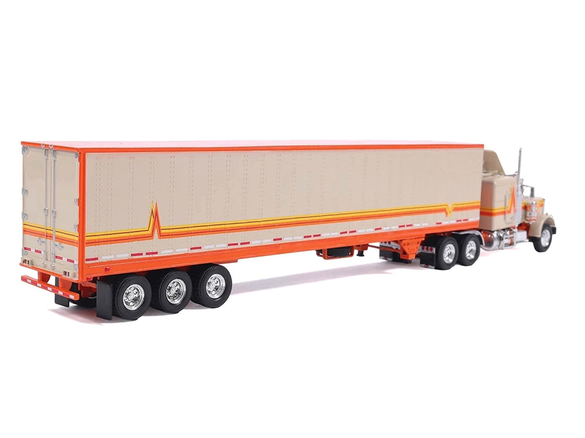 1973 Peterbilt 359 Truck Tractor with Sleeper Cab Cream with Orange and Yellow Stripes and Refrigerate Modern Trailer 1/64 Diecast Model Car