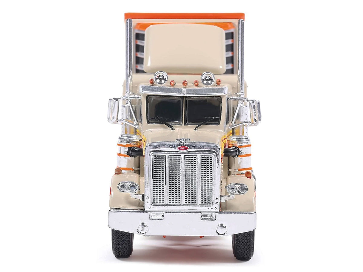 1973 Peterbilt 359 Truck Tractor with Sleeper Cab Cream with Orange and Yellow Stripes and Refrigerate Modern Trailer 1/64 Diecast Model Car