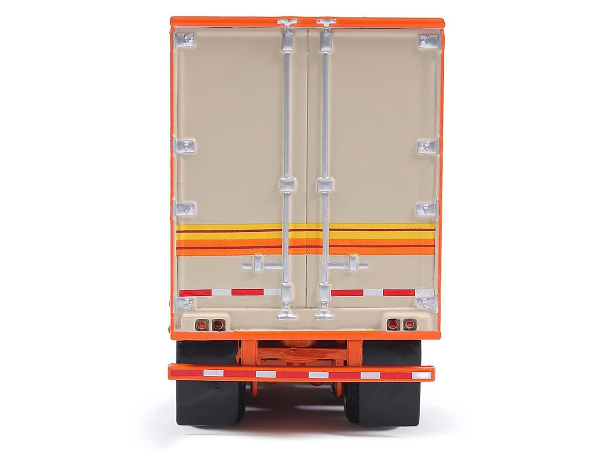 1973 Peterbilt 359 Truck Tractor with Sleeper Cab Cream with Orange and Yellow Stripes and Refrigerate Modern Trailer 1/64 Diecast Model Car