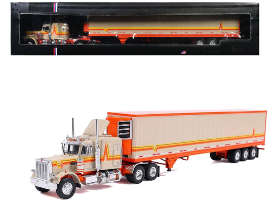 1973 Peterbilt 359 Truck Tractor with Sleeper Cab Cream with Orange and Yellow Stripes and Refrigerate Modern Trailer 1/64 Diecast Model Car