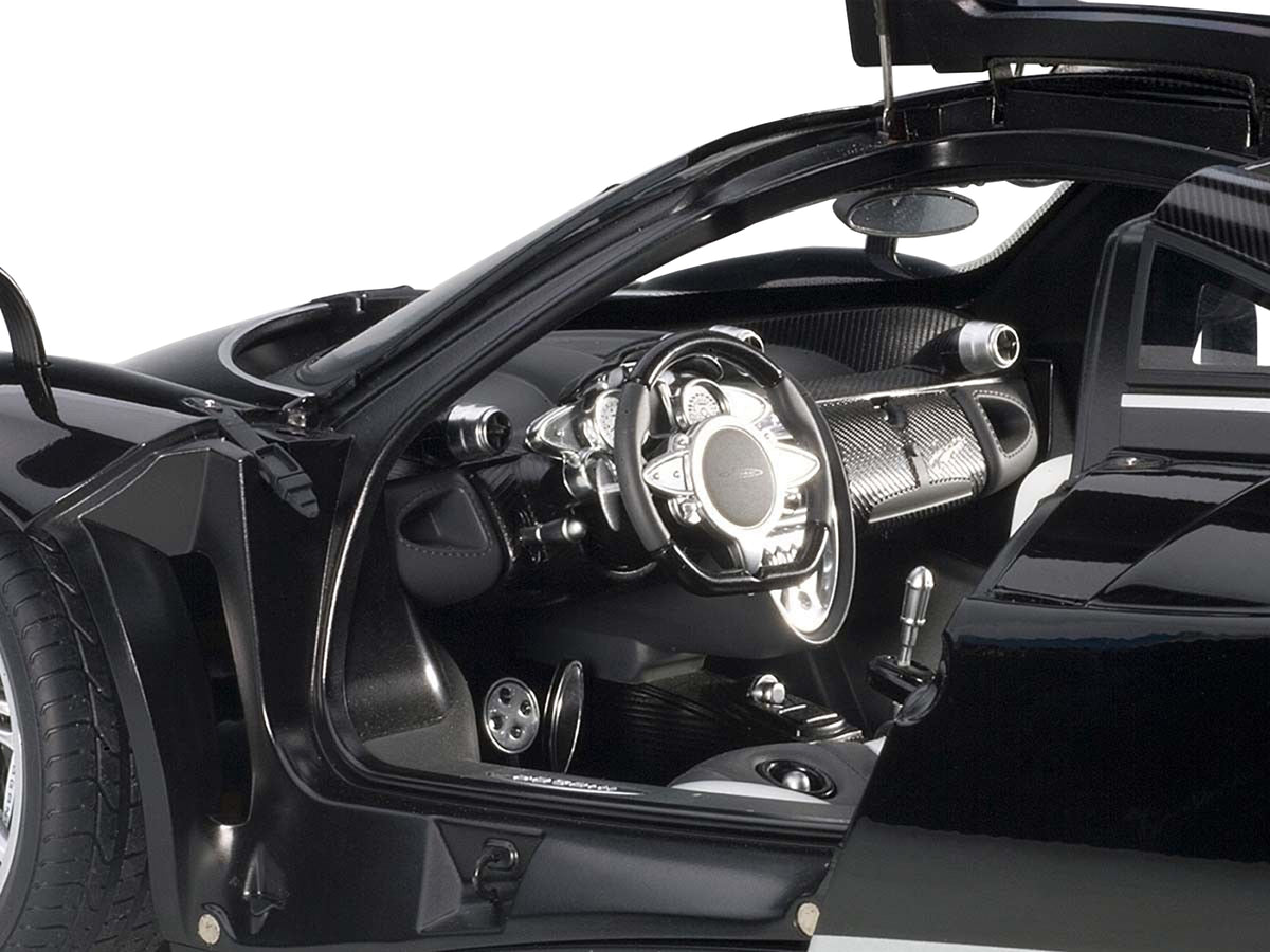Pagani Huayra Gloss Black with Silver Stripes and Silver Wheels 1/12 Model Car
