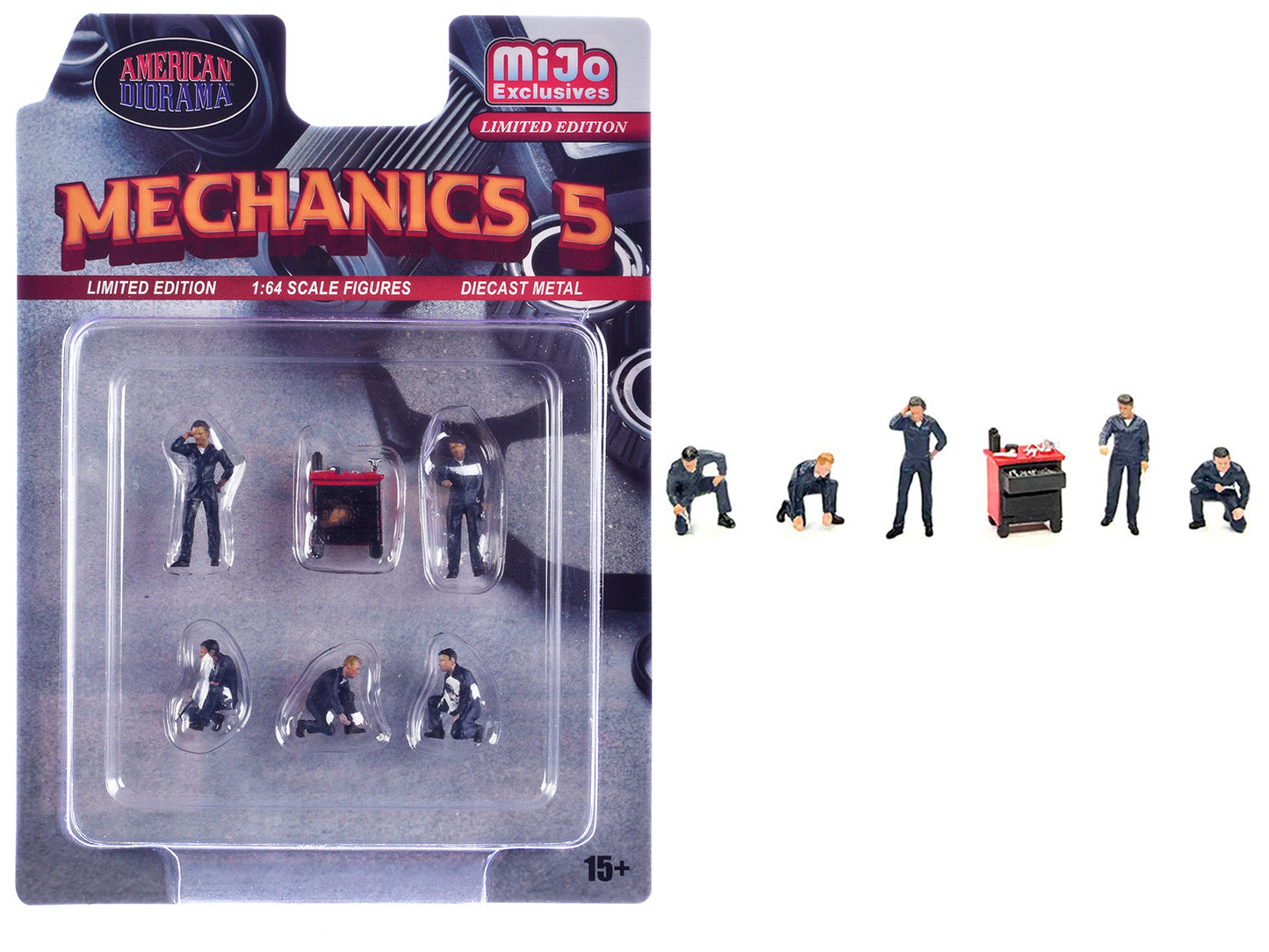 "Mechanics #5" 6 piece Diecast Figure Set (5 Figures 1 Tool Cabinet) Limited Edition for 1/64 Scale Models