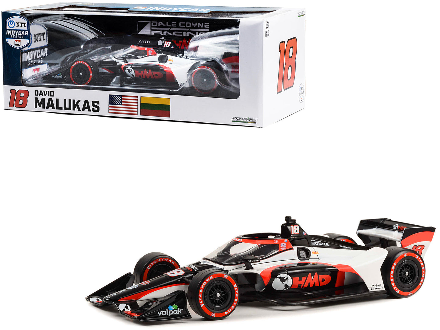 Dallara IndyCar #18 David Malukas "HMD Trucking" Dale Coyne Racing with HMD Motorsports (Road Course Configuration) "NTT IndyCar Series" (2023) 1/18 Diecast Model Car