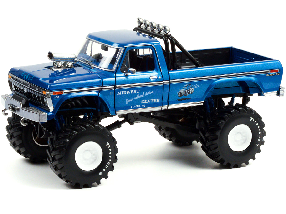 1974 Ford F-250 Ranger XLT Monster Truck with 48-Inch Tires Blue Metallic "Midwest Four Wheel Drive Center" "Kings of Crunch" Series 1/18 Diecast Model Car