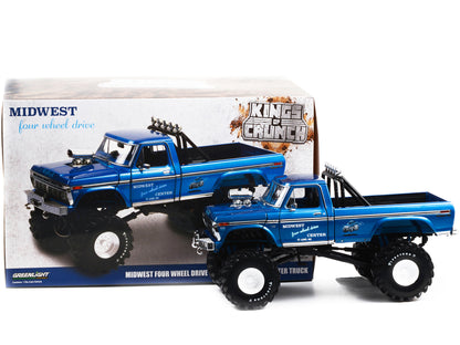 1974 Ford F-250 Ranger XLT Monster Truck with 48-Inch Tires Blue Metallic "Midwest Four Wheel Drive Center" "Kings of Crunch" Series 1/18 Diecast Model Car
